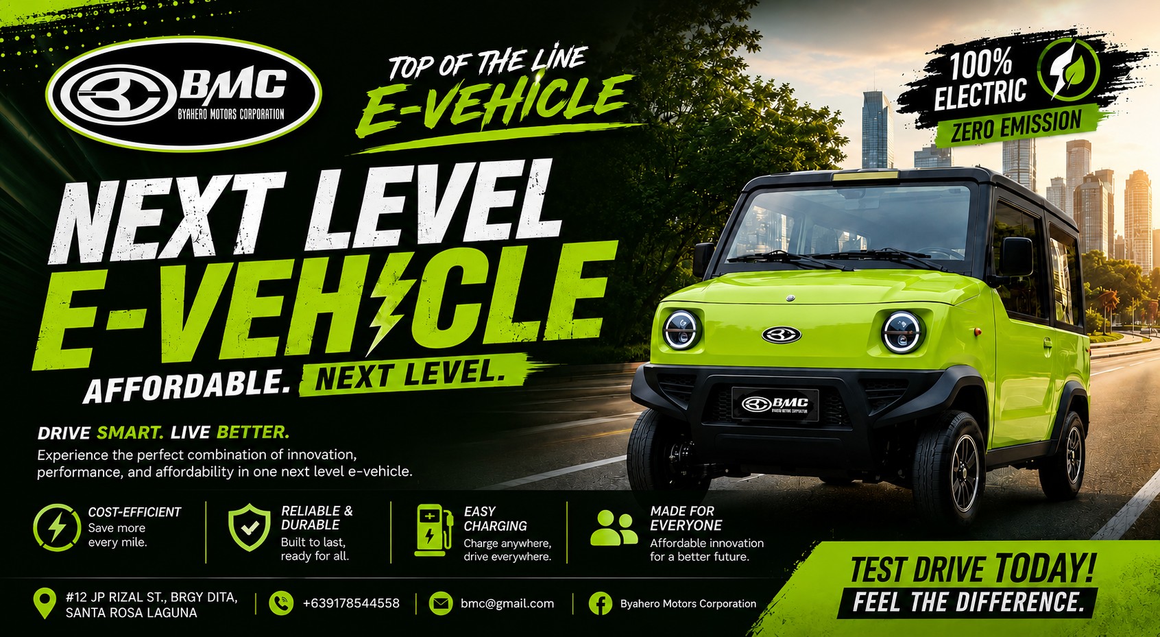 BMC Next Level E-Vehicle campaign banner: 100% electric, zero emission, affordable, cost-efficient, reliable and durable, easy charging, made for everyone.