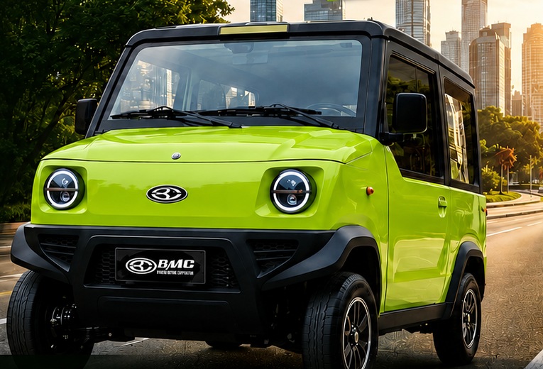BMC Next Level E-Vehicle, a compact four-door electric vehicle in lime green
